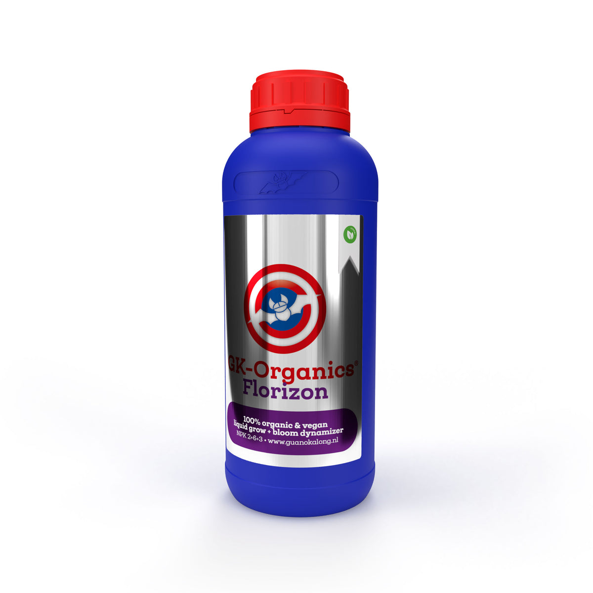 Guanokalong Florizon 1 litre bottle showing the NPK 2-6-3 organic vegan liquid feed label
