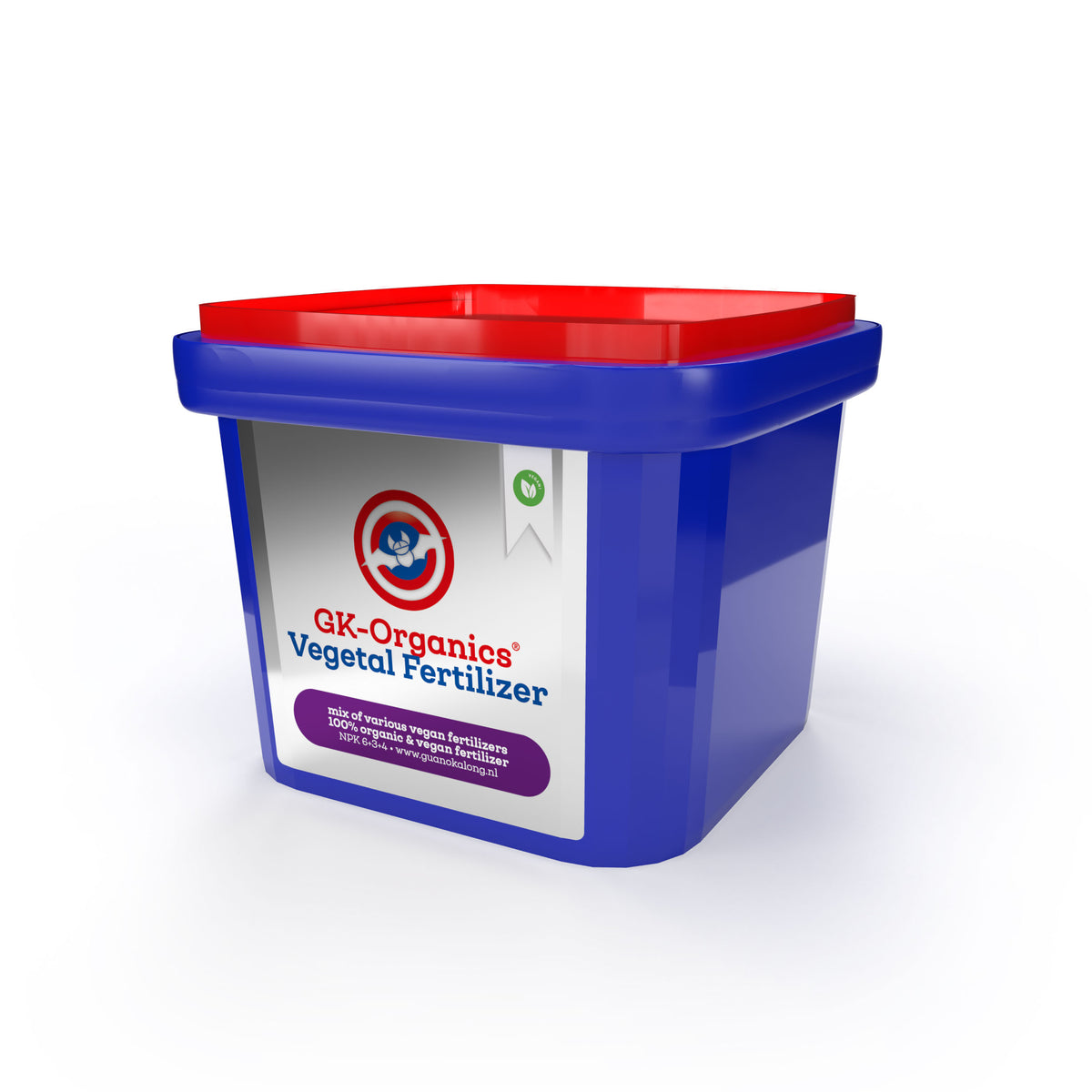 Guanokalong Vegetal Fertilizer tub showing the NPK 6-3-4 vegan granular feed label
