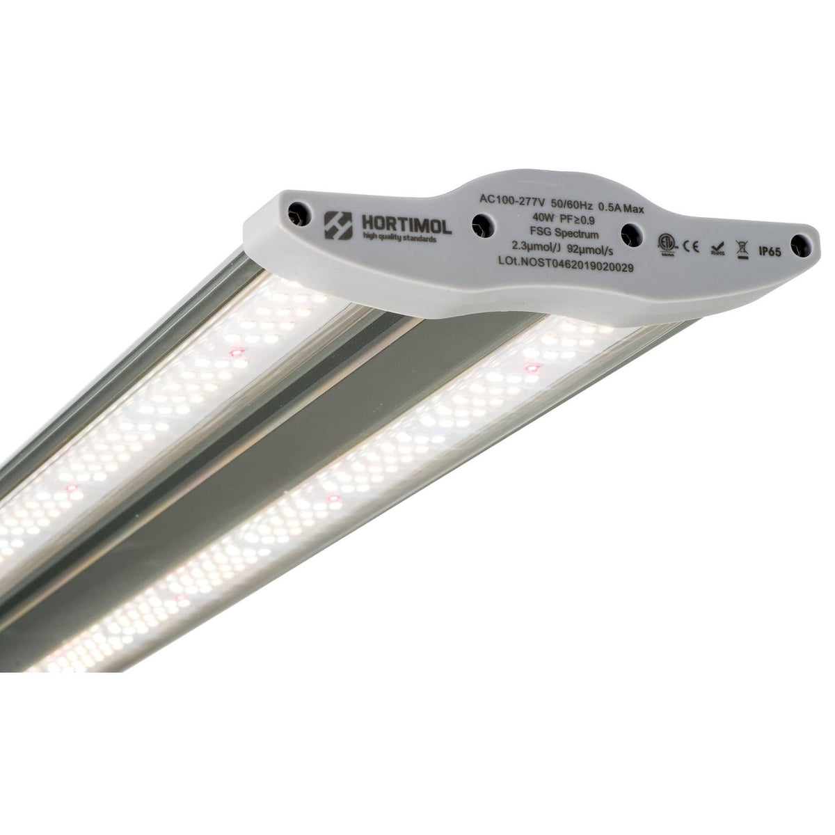 Hortimol Slim 40W TLED LED Bar end cap showing 40W, FSG spectrum, 2.3 µmol/J and IP65 rating