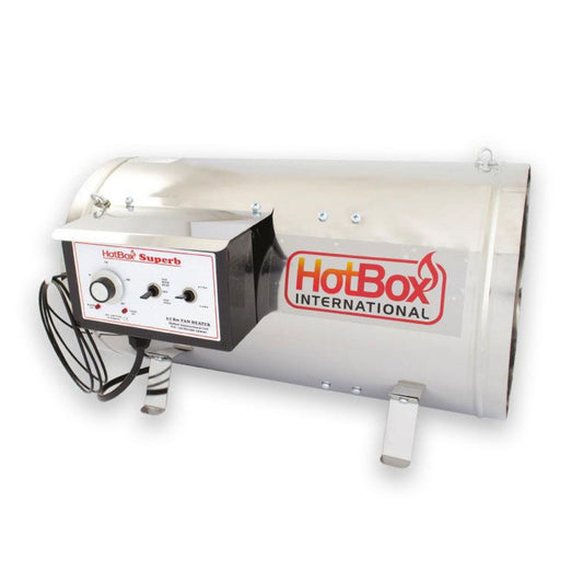 Hotbox Superb 2.8kW stainless steel fan heater showing the HotBox International branding and control panel