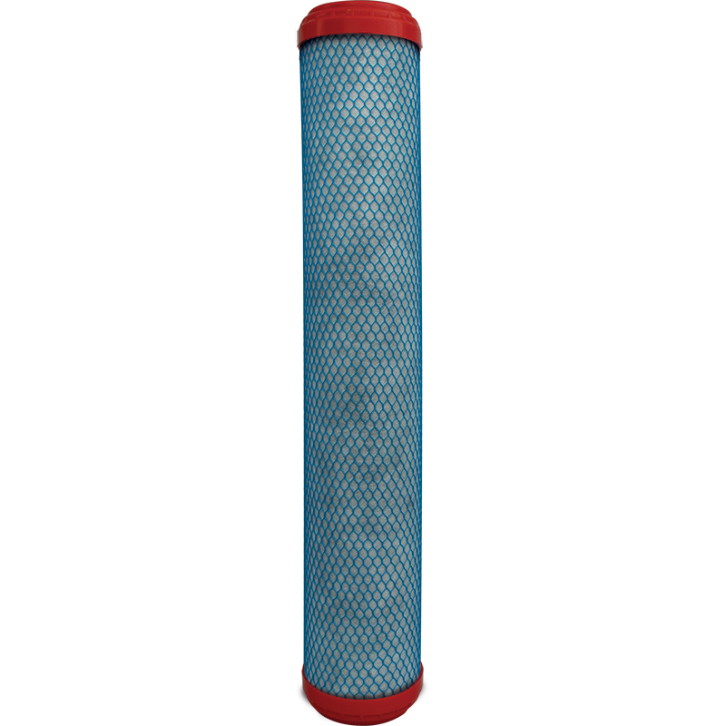 Hydro-Logic Evolution-RO1000 carbon filter cartridge showing the pleated blue filter media and red end caps