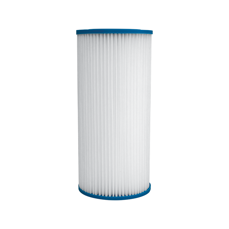 Hydro-Logic PreEvolution pleated sediment filter cartridge with white pleated media and blue end caps