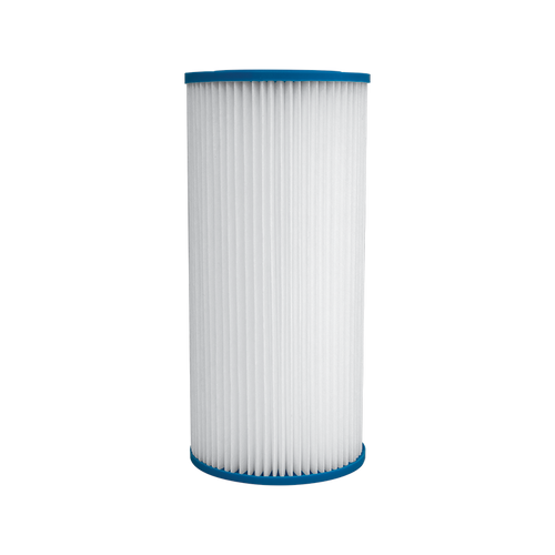 Hydro-Logic PreEvolution pleated sediment filter cartridge with white pleated media and blue end caps
