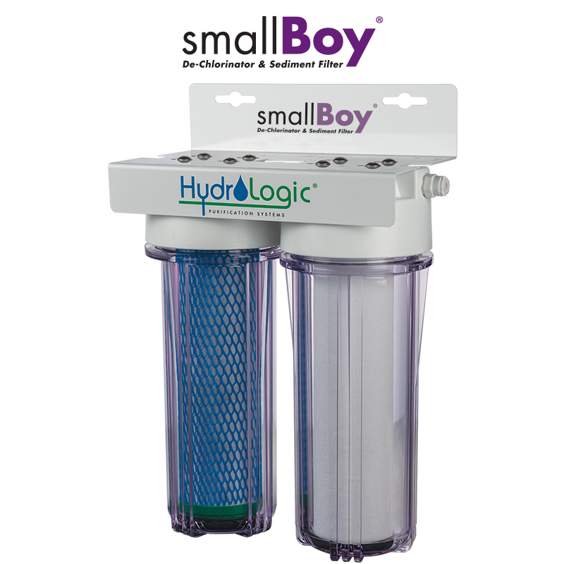 Hydro-Logic smallBoy dechlorinator and sediment system showing both filter housings and the wall-mount bracket