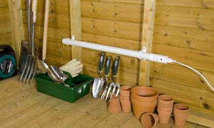 Hylite Slimline Ecoheater Tube Heater — wall mounted in a shed