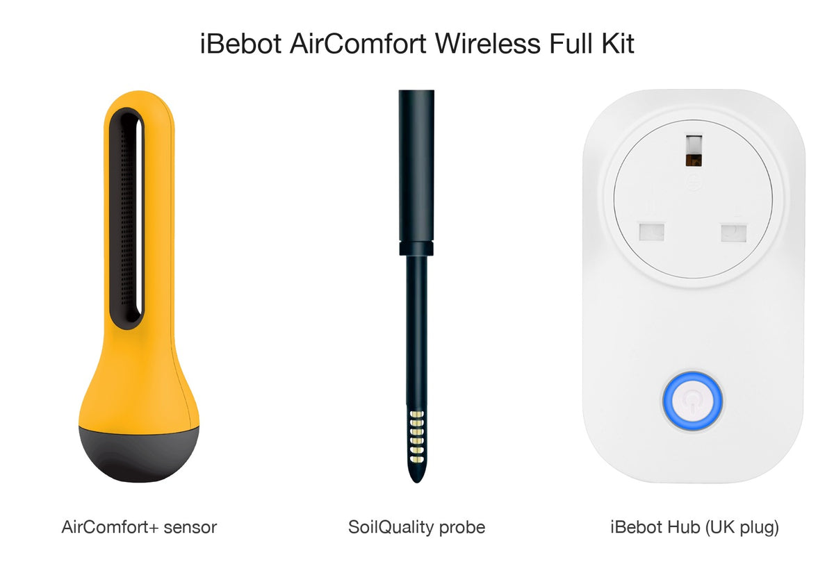 iBebot AirComfort Wireless Full Kit — what's included: AirComfort+ sensor, SoilQuality probe and iBebot Hub