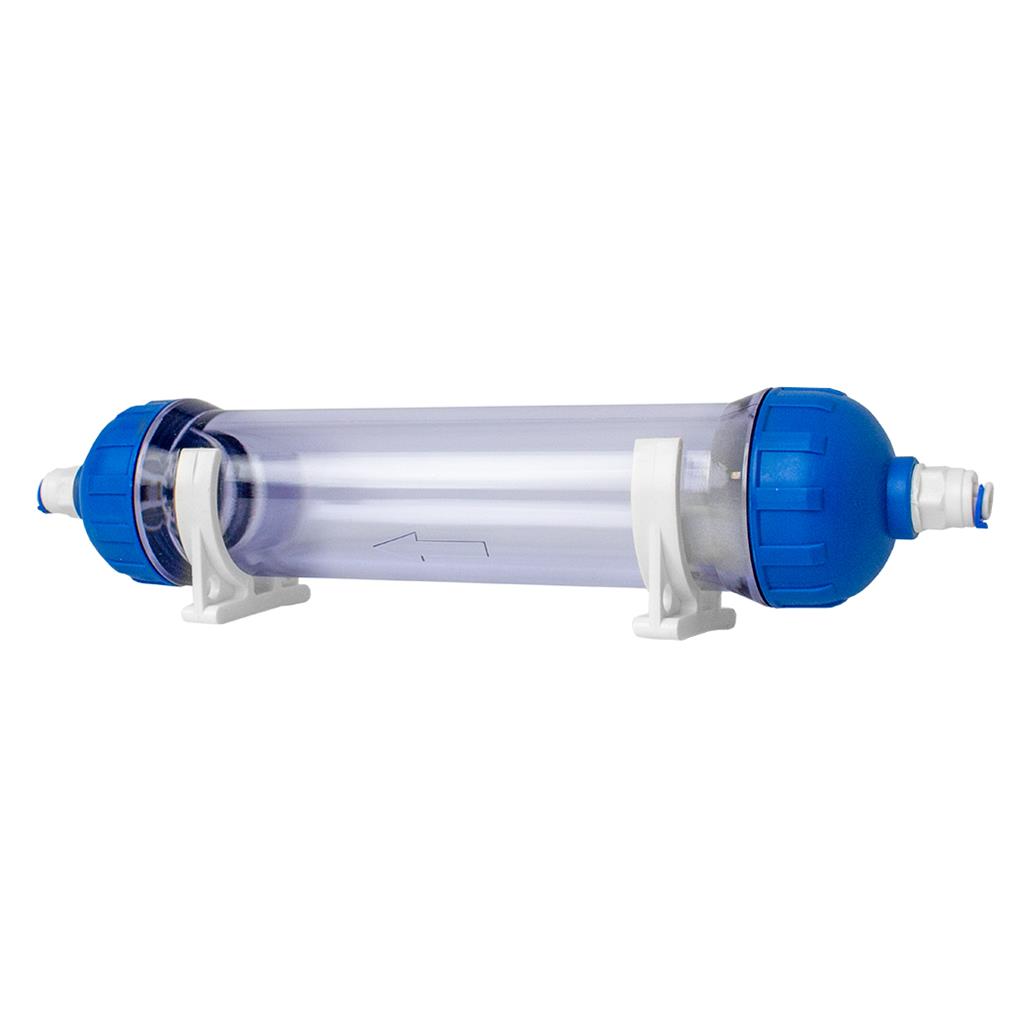 RAM Inline DI Resin Water Filter lying level, showing the clear resin housing and mounting clips