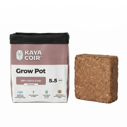 Kaya Coir Compressed Grow Pot — 5.5 inch grow bag beside the compressed coco block