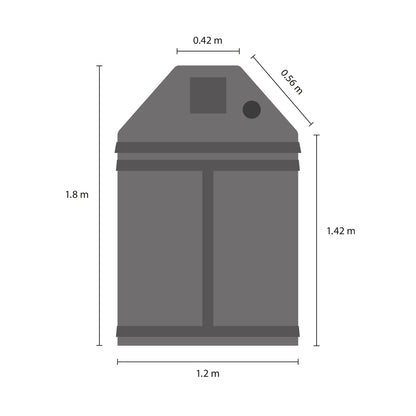 LightHouse LOFT Grow Tent 1.2m profile drawing: 1.8m peak, 1.42m walls, 1.2m wide