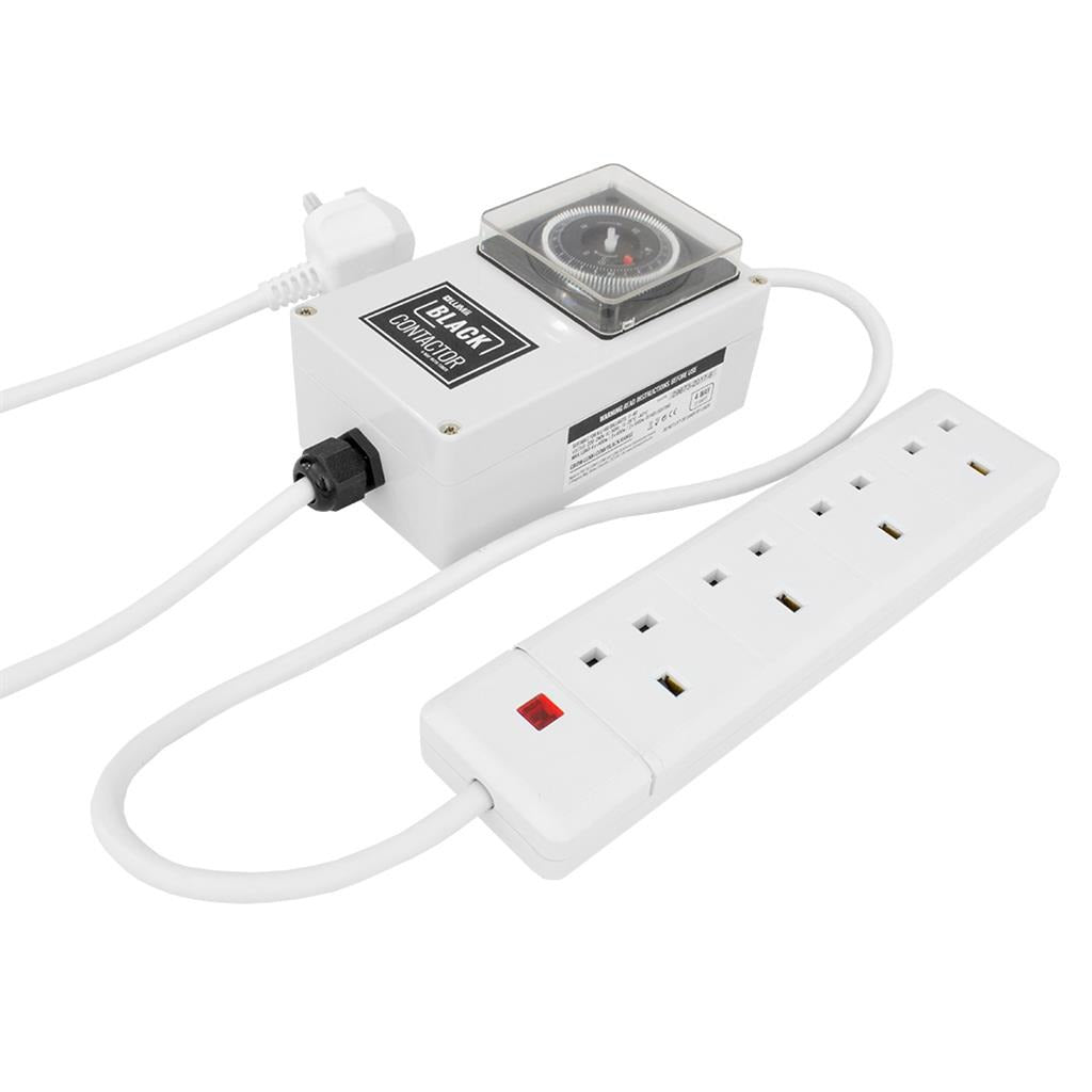 LUMii BLACK Contactor Timer with its mains plug and 4-socket power bar