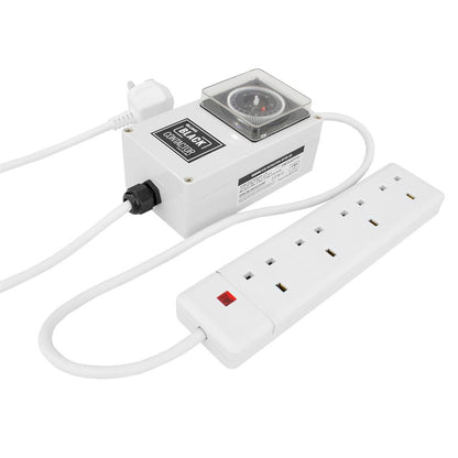 LUMii BLACK Contactor Timer with its mains plug and 4-socket power bar