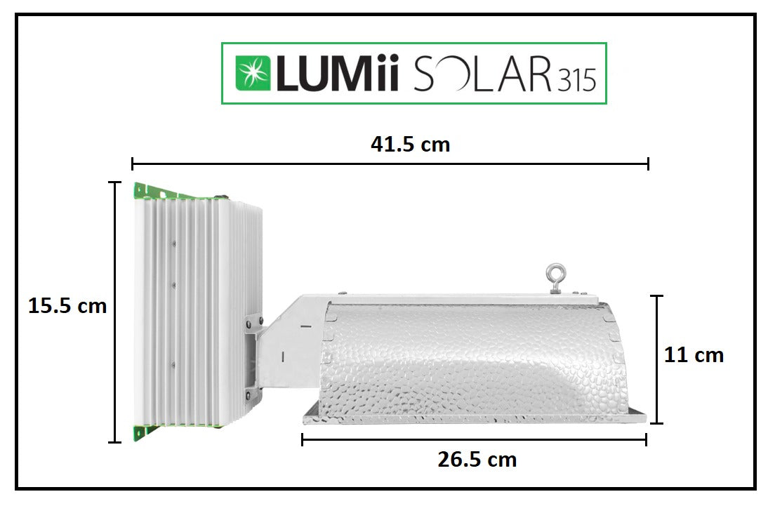 LUMii Solar 315W CDM Kit fixture dimensions: 41.5 cm long, ballast 15.5 cm high, reflector 26.5 cm by 11 cm
