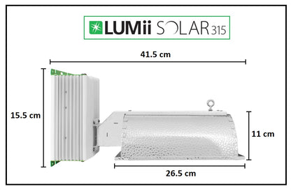 LUMii Solar 315W CDM Kit fixture dimensions: 41.5 cm long, ballast 15.5 cm high, reflector 26.5 cm by 11 cm
