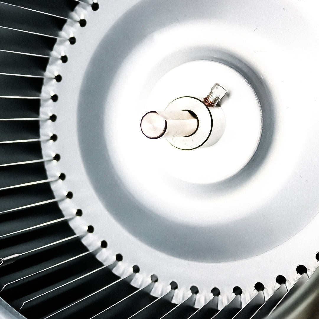 Mammoth Foam Box Fan Kit box fan impeller close-up — backward-curved centrifugal blades