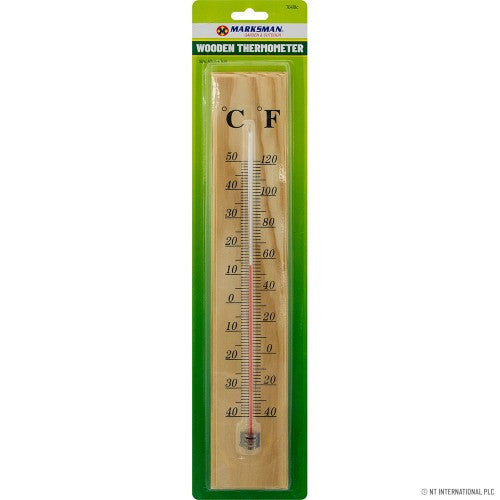 Marksman Wooden Thermometer on its blister card, showing the dual Celsius/Fahrenheit scale
