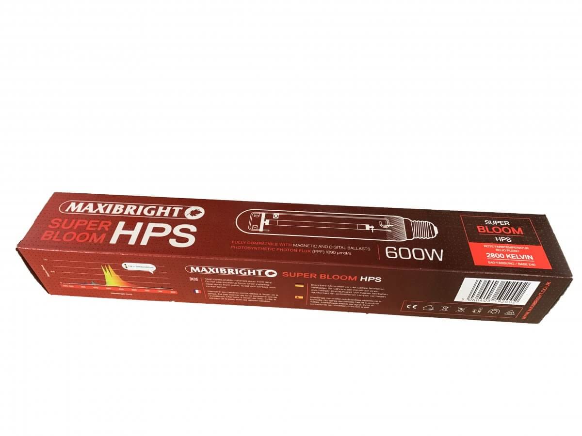 Maxibright 600W Super Bloom HPS Lamp — retail box, front panel with spec chart