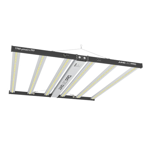 Maxibright Juno Pro 1944 LED fixture hanging with all six bars unfolded, 1944 μmol/s PPF marked on the frame
