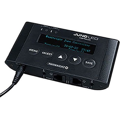 Maxibright Juno Pro LED Controller unit showing display, Menu/Select/Save buttons and Zone A/Zone B ports