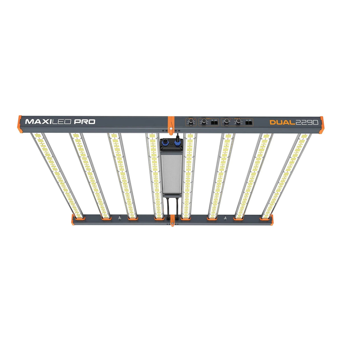 Maxibright MaxiLED Pro Dual 2290 860W — front view showing the timer and Zone A / Zone B dimmer controls