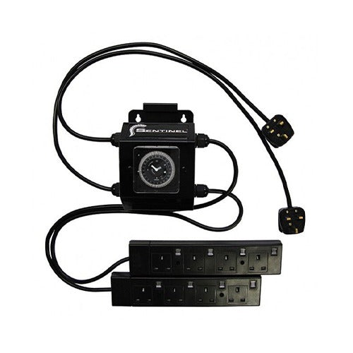 Maxibright Sentinel 8 Way Control Switch — contactor box with Grässlin timer and two 4-way switched socket strips
