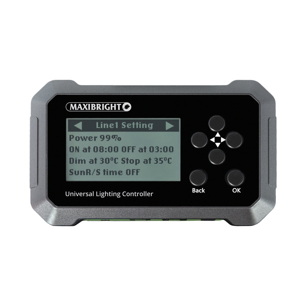 Maxibright Universal Lighting Controller — front panel showing schedule, power and temperature settings on the LCD