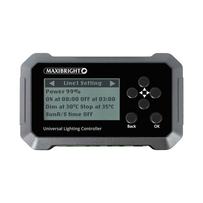 Maxibright Universal Lighting Controller — front panel showing schedule, power and temperature settings on the LCD