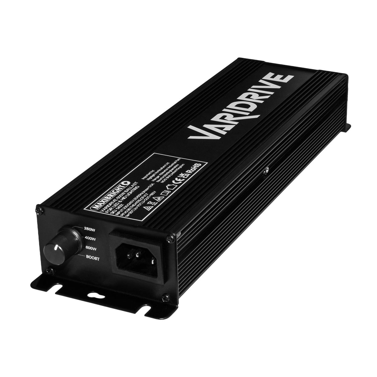 Maxibright Varidrive 600W Dimmable Ballast — Slimline 2026 casing with integrated IEC inlet and 250W/400W/600W/Boost dial