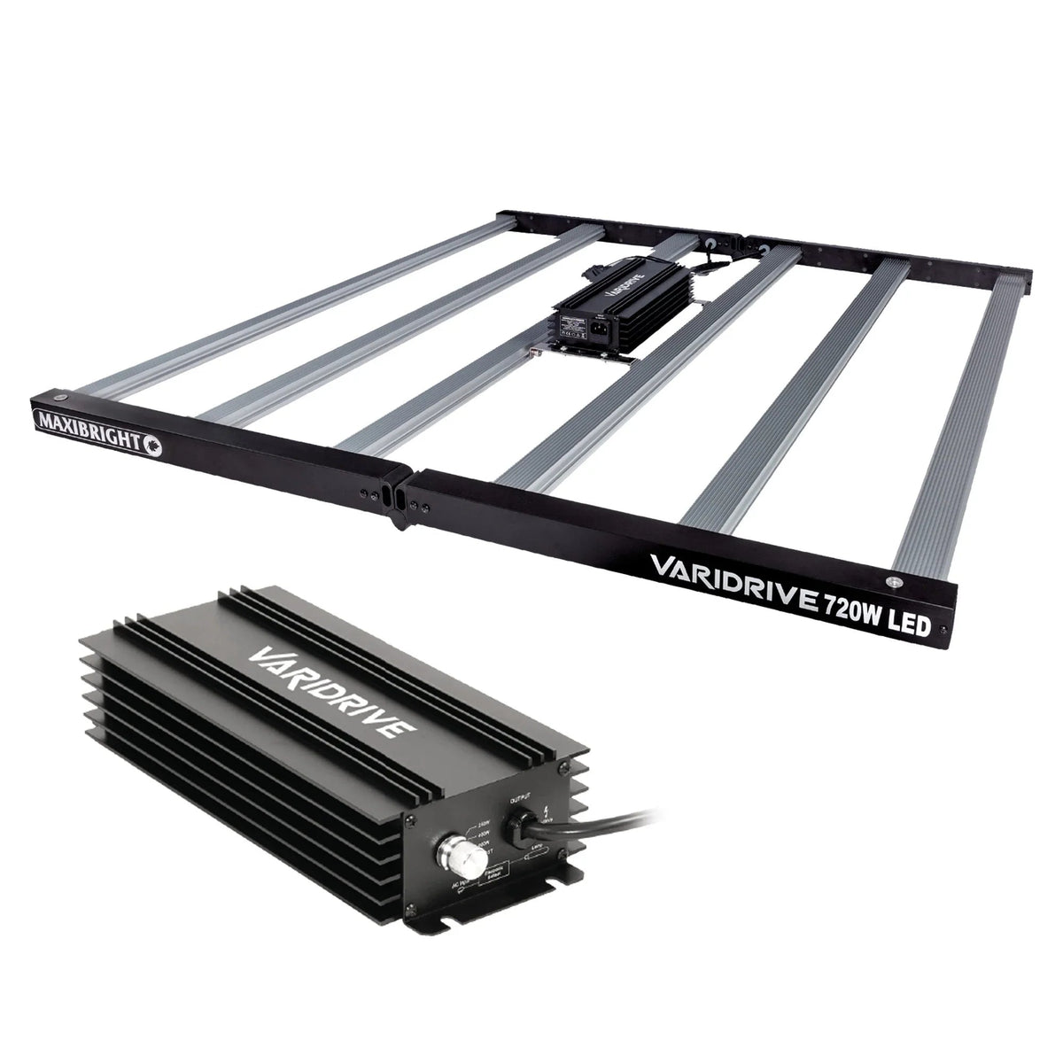 Maxibright Varidrive 720W LED Grow Light — laid flat showing the Varidrive ballast mounted mid-fixture