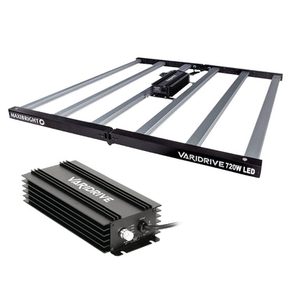 Maxibright Varidrive 720W LED Grow Light — laid flat showing the Varidrive ballast mounted mid-fixture