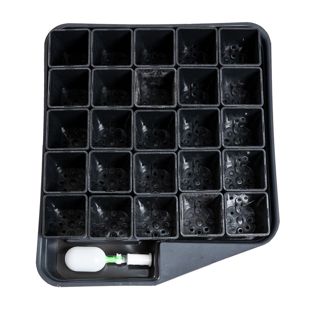 MegaPot Veg Pot from above with 25 square pots in the tray and the float valve in its housing