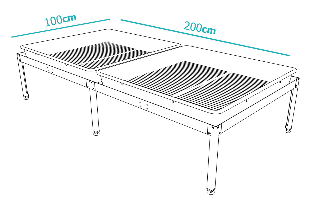 Metal Grow Bench Frame dimension drawing of the 200 x 100 cm bench, shown with two trays (not included)