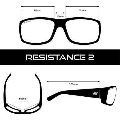 Method Seven Resistance 2 HPS+ Grow Glasses dimension drawing: 62 mm lens, 15 mm bridge, 128 mm temple, Base 8