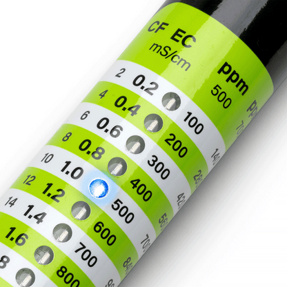 Milwaukee EC40 Nutrient Truncheon close-up of the CF, EC and ppm LED scale