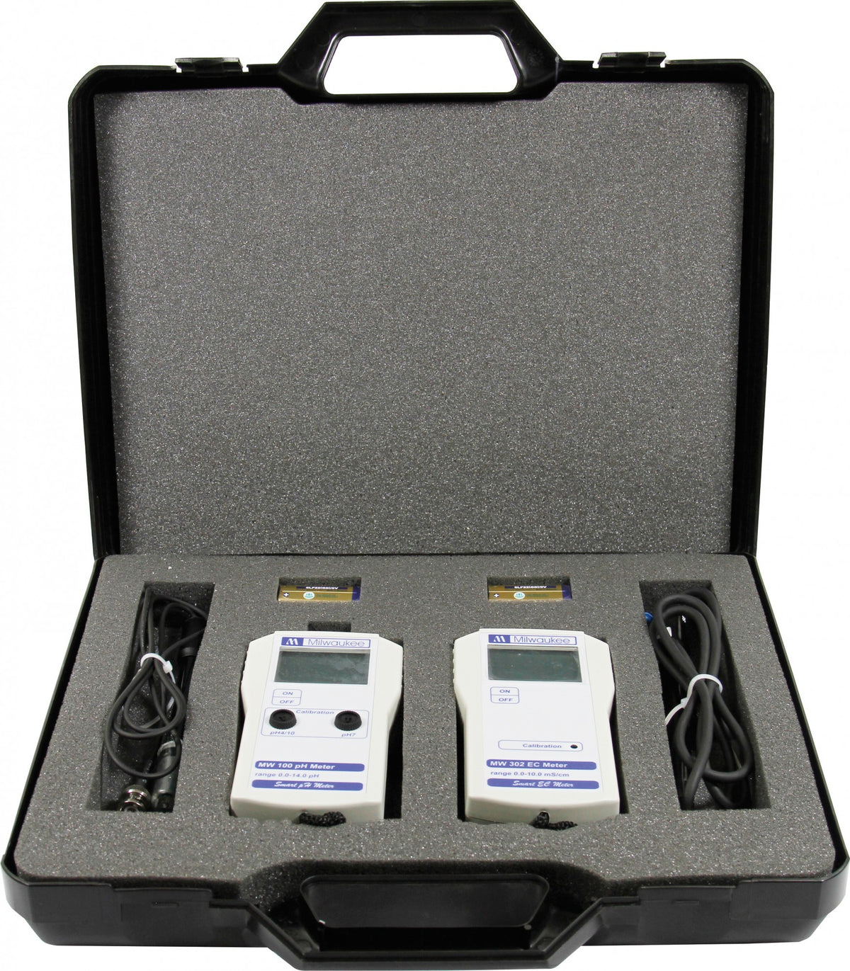 Milwaukee MW100 pH Meter and MW302 EC Meter in an open hard carry case with probes