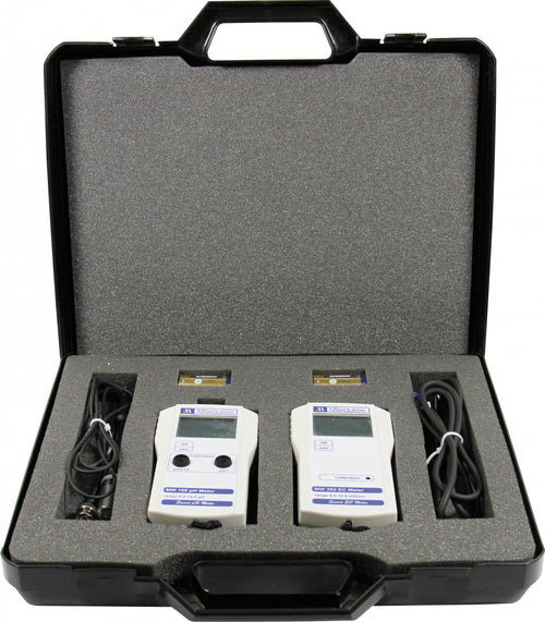 Milwaukee MW100 pH Meter and MW302 EC Meter in an open hard carry case with probes
