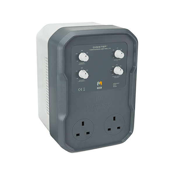 Mission Control DigiStep 16A Controller — angled view showing the four control dials and twin UK sockets