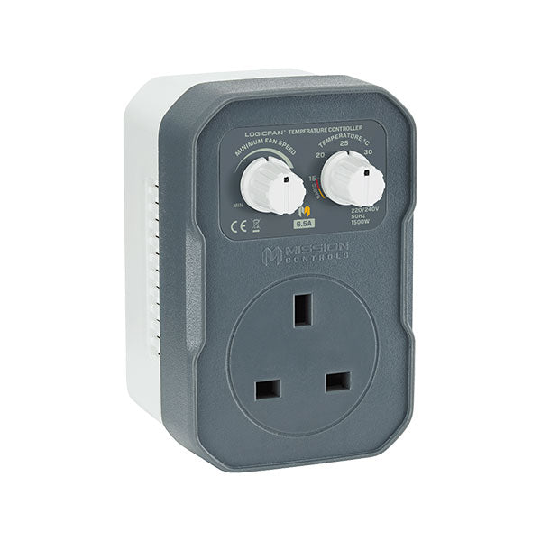 Mission Control LogicFan 6.5A Controller — angled view showing the two control dials and integrated UK socket