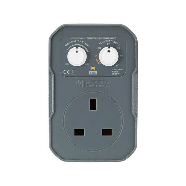Mission Control LogicFan 6.5A Controller — front-on view of the fan speed and temperature dials