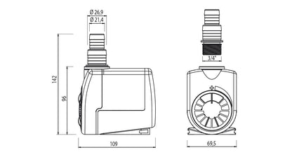 NEWA Jet Adjustable Pump dimension drawing for the NJ1700 to NJ3000 body and outlet