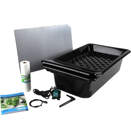 Nutriculture Gro-Tank GT205 NFT Kit contents: tank and top tray, Correx top plate, spreader mat, pump, air line, delivery tube and grow guide