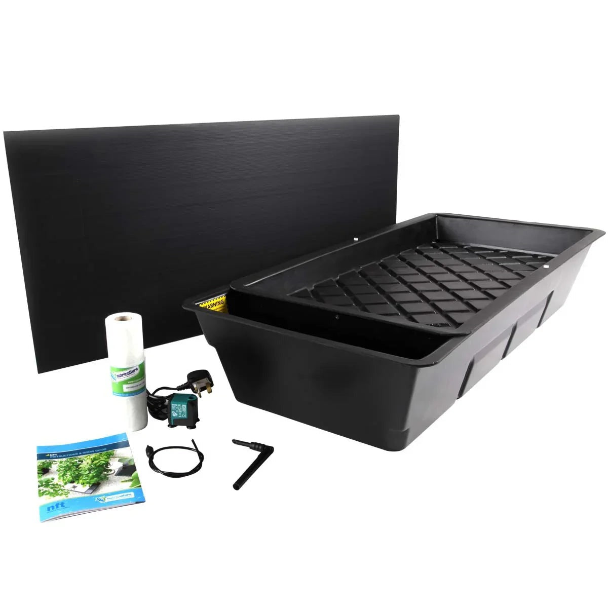 Nutriculture Gro-Tank GT424 NFT Kit contents: tank and top tray, Correx top plate, spreader mat, pump, air line, delivery tube and grow guide