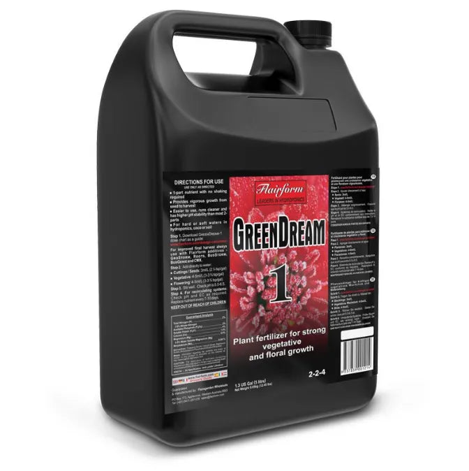 Flairform GreenDream-1 one-part nutrient bottle, angle