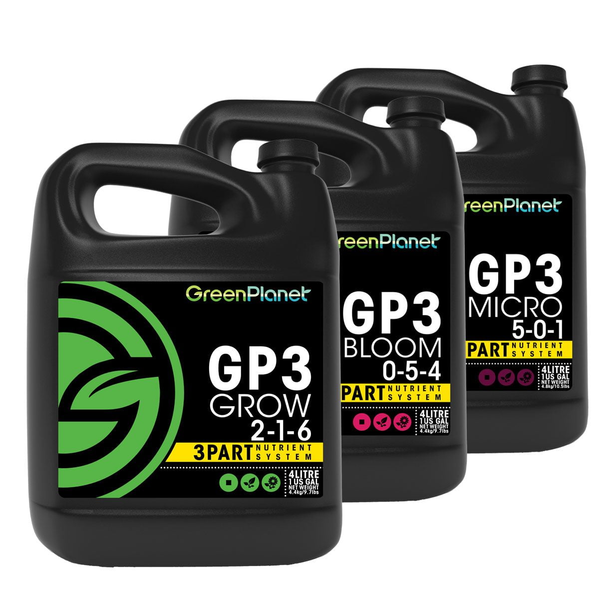 Green Planet GP3 Three Part Base Nutrient Grow Bloom Micro