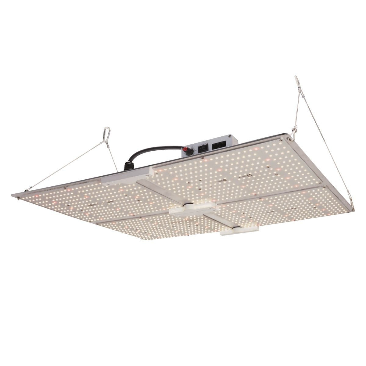 Omega Spectra G-Line G430 LED Grow Light, quantum boards lit, with the Meanwell driver and dimmer on top