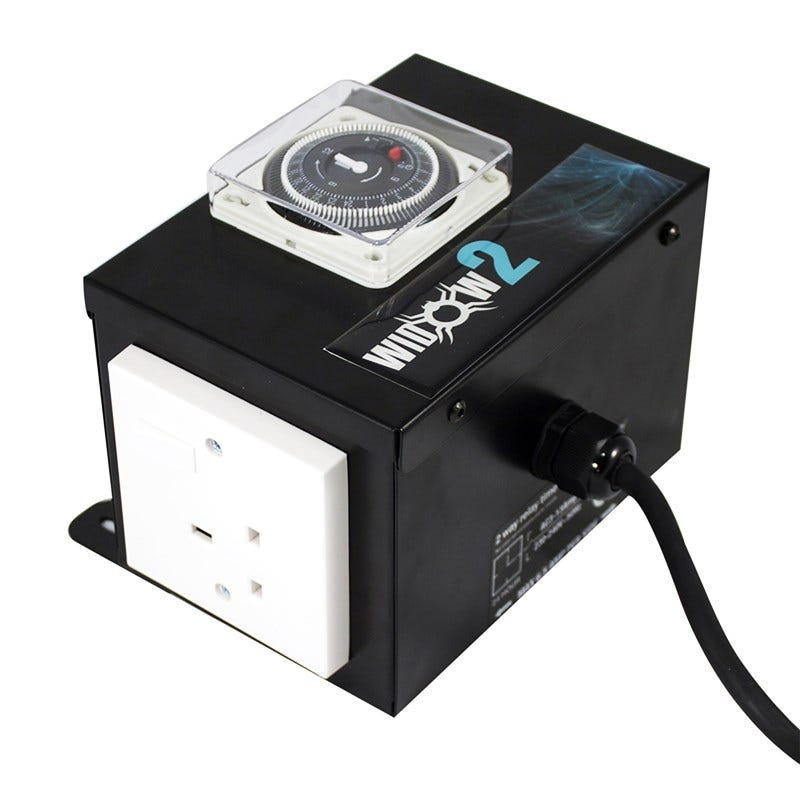 Omega Widow Timer & Relay Contactor, 2-way, showing the built-in 24-hour dial timer and switched UK socket