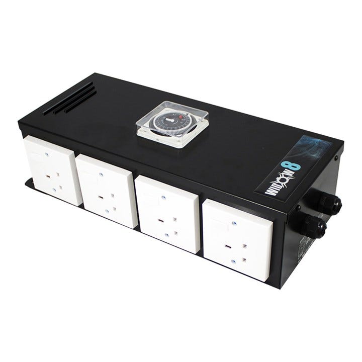 Omega Widow Timer & Relay Contactor, 8-way, showing four switched sockets per side and the mains cable gland
