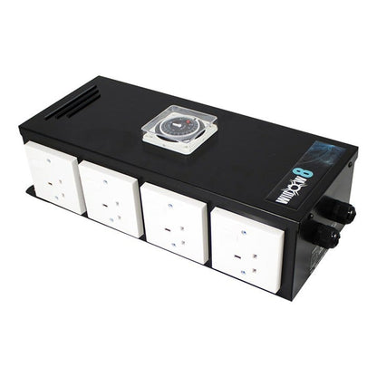 Omega Widow Timer & Relay Contactor, 8-way, showing four switched sockets per side and the mains cable gland
