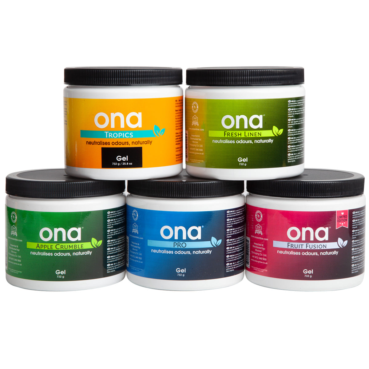 Five ONA Gel 732g tubs grouped together, jars printed 732 g, in Tropics, Fresh Linen, Apple Crumble, Pro and Fruit Fusion scents