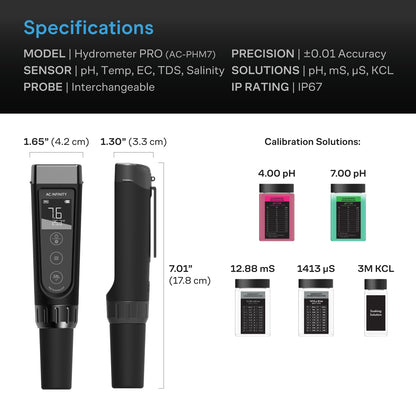 AC Infinity Hydroponic Meter PRO specification chart with five solution sachets