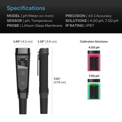 AC Infinity pH Meter Kit specification chart with two solution sachets